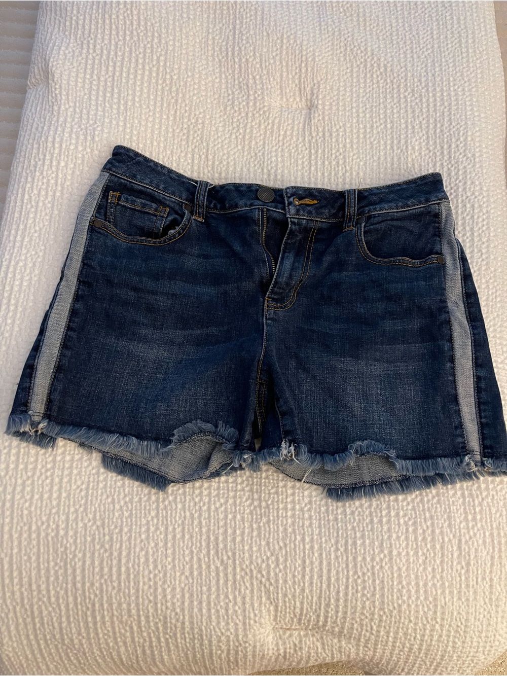 CAbi Dark Blue Denim Frayed Hem Shorts with Side Stripe